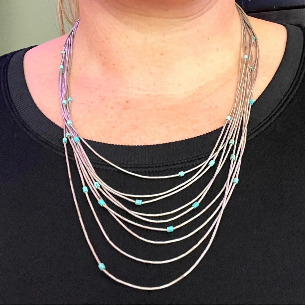 Vintage Navajo Liquid Silver Turquoise Heishi Sterling Silver Graduated Necklace